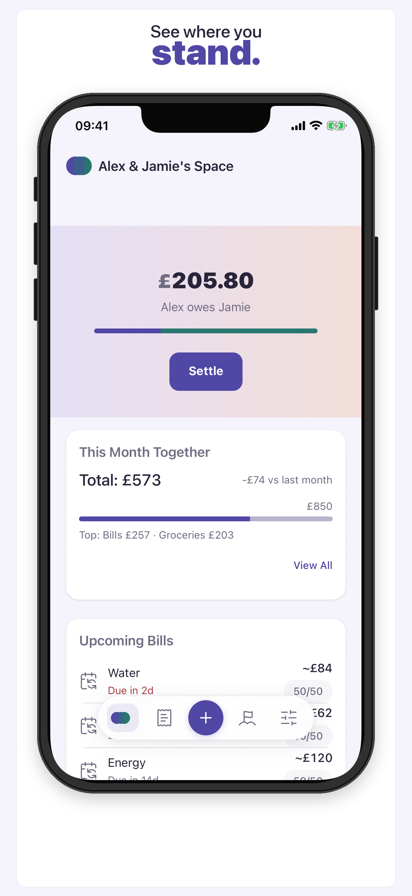 Couples Finance home showing a shared balance and monthly spending summary.