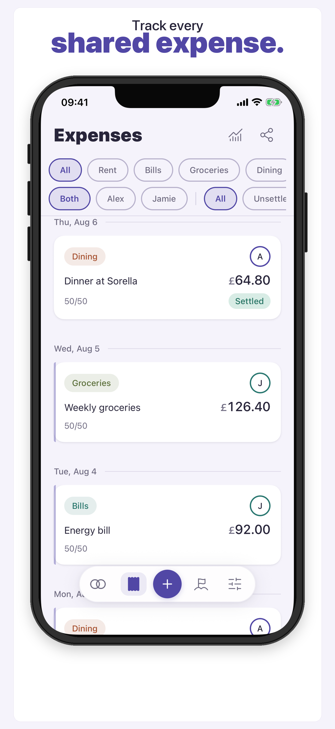 Couples Finance expense list showing recent shared costs.