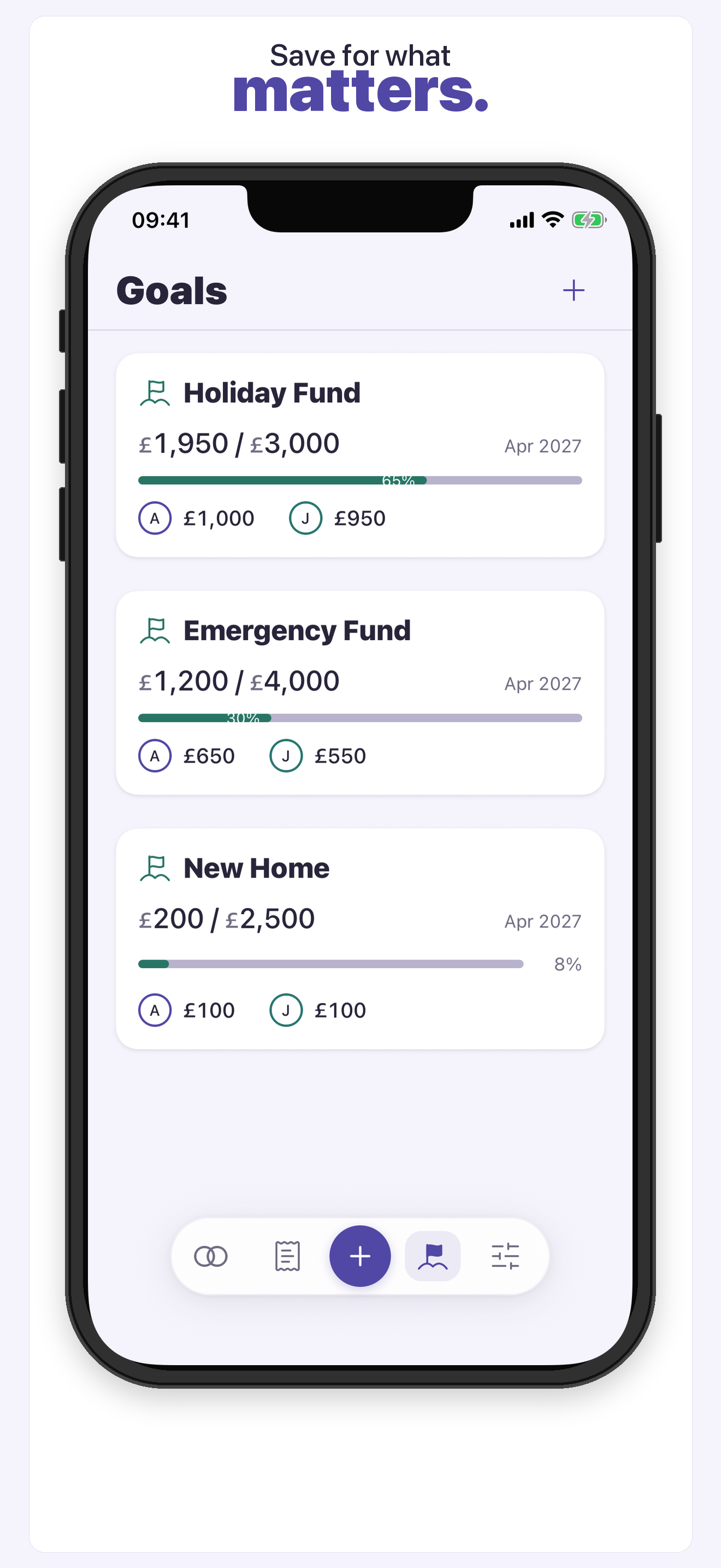 Couples Finance goals showing progress toward shared plans.
