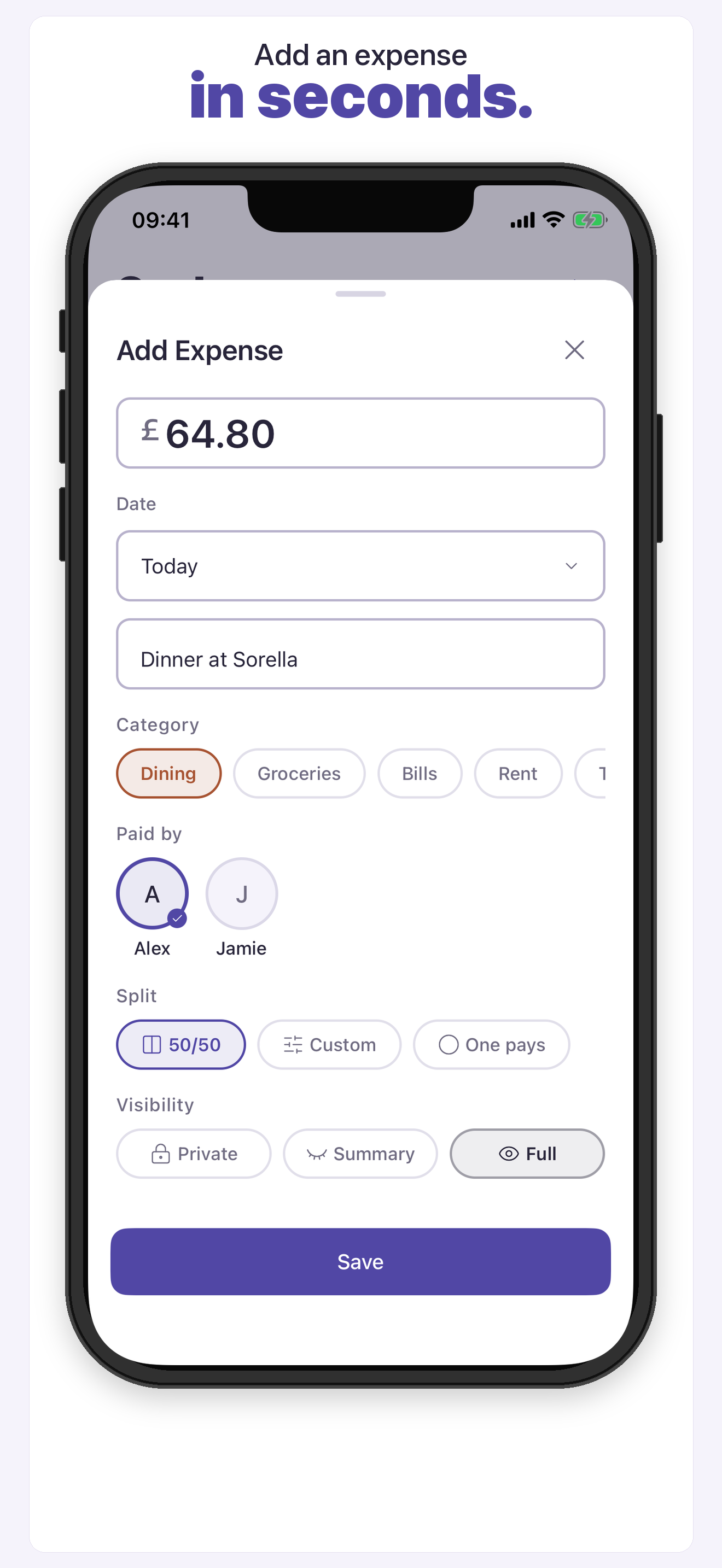 Couples Finance add expense flow with payer and split controls.