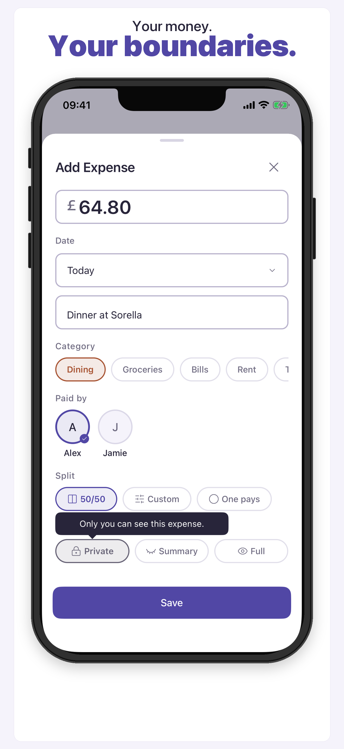 Couples Finance expense visibility options with Private selected.