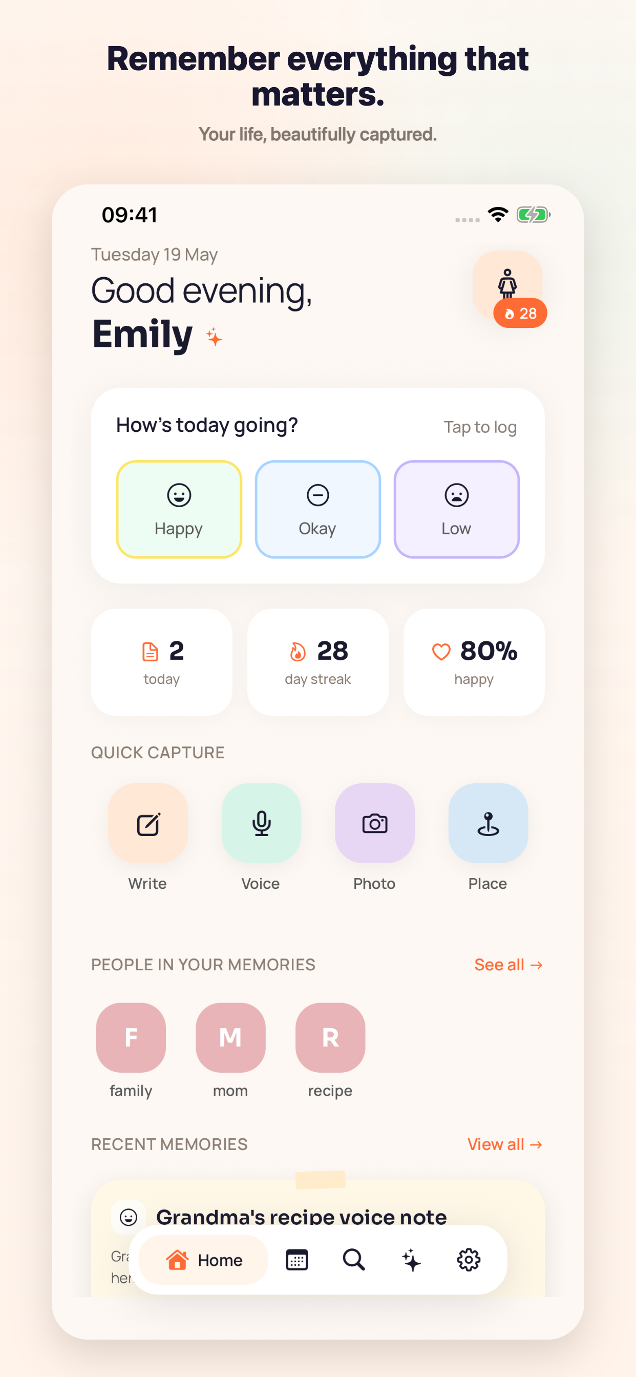 Momenta home screen showing quick capture, mood choices, people in memories, and recent memories.