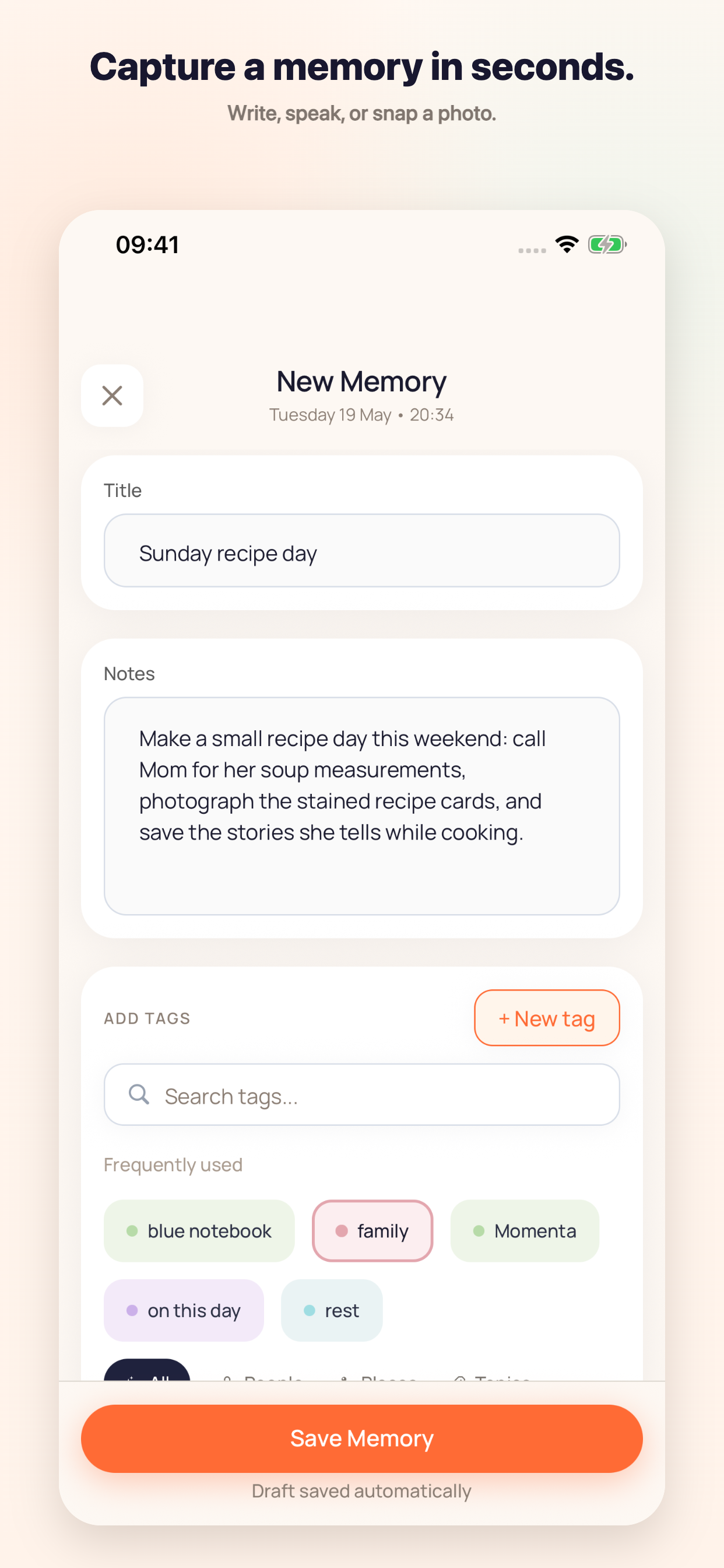 Momenta new entry screen showing title, note, mood, tags, and attachments.