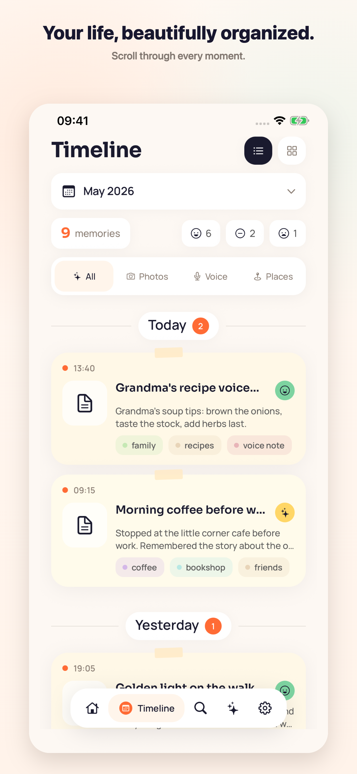 Momenta timeline screen showing saved memories by time range.