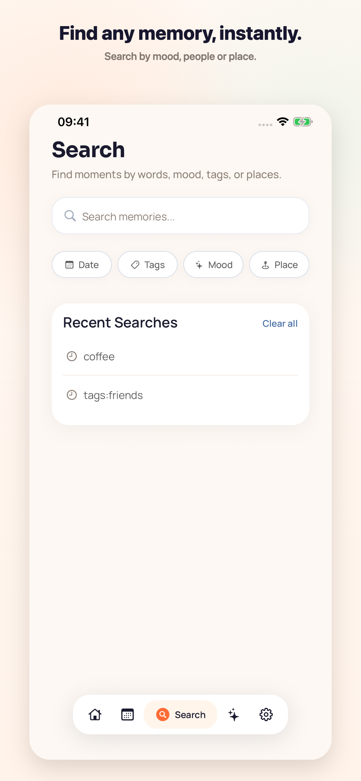Momenta search screen showing memory search and tag filters.