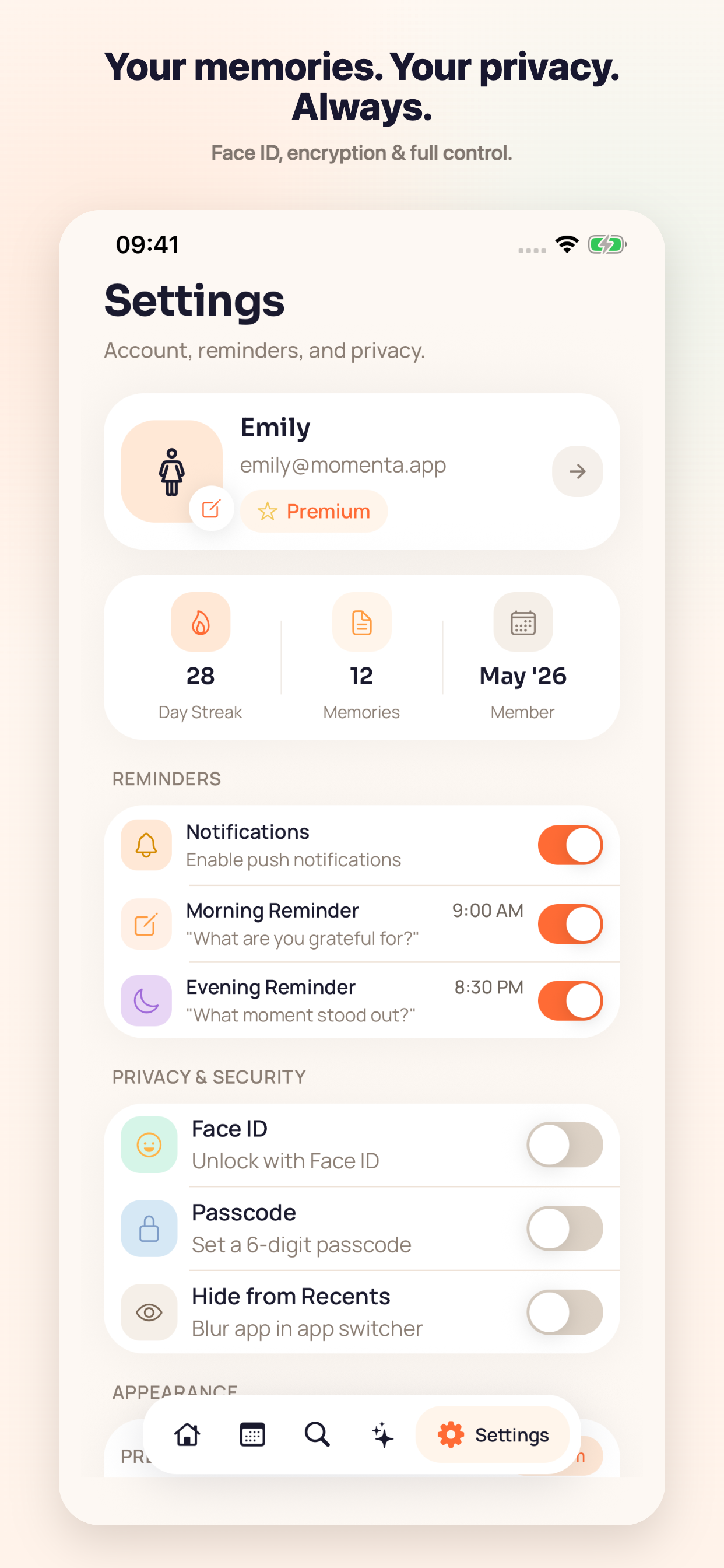 Momenta settings screen showing reminders and privacy controls.