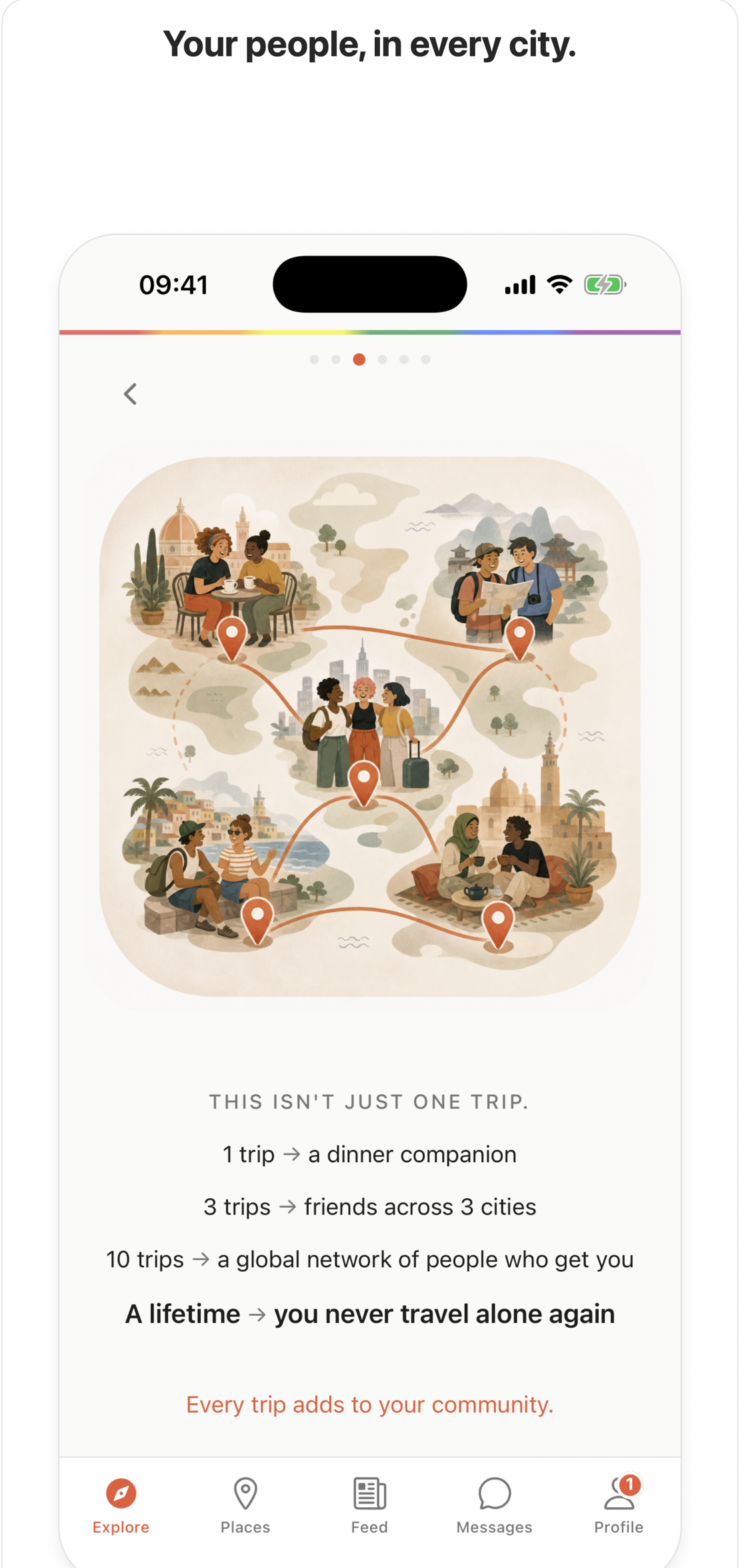 Wanderkin places screen showing community connections.
